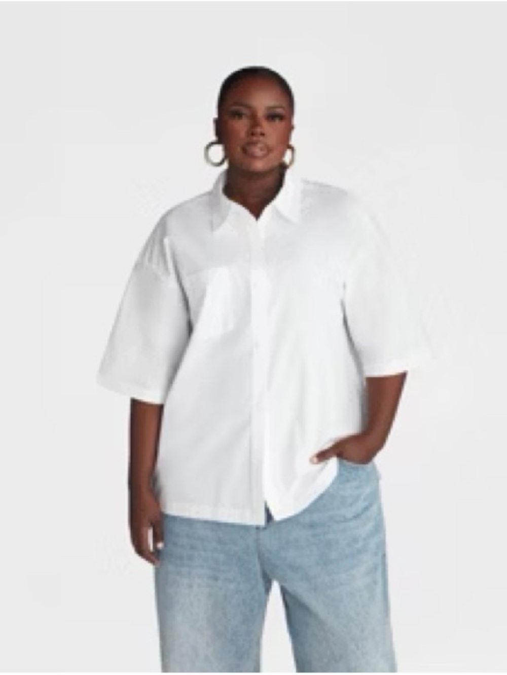 Relaxed White Short-Sleeve Button-Front Blouse